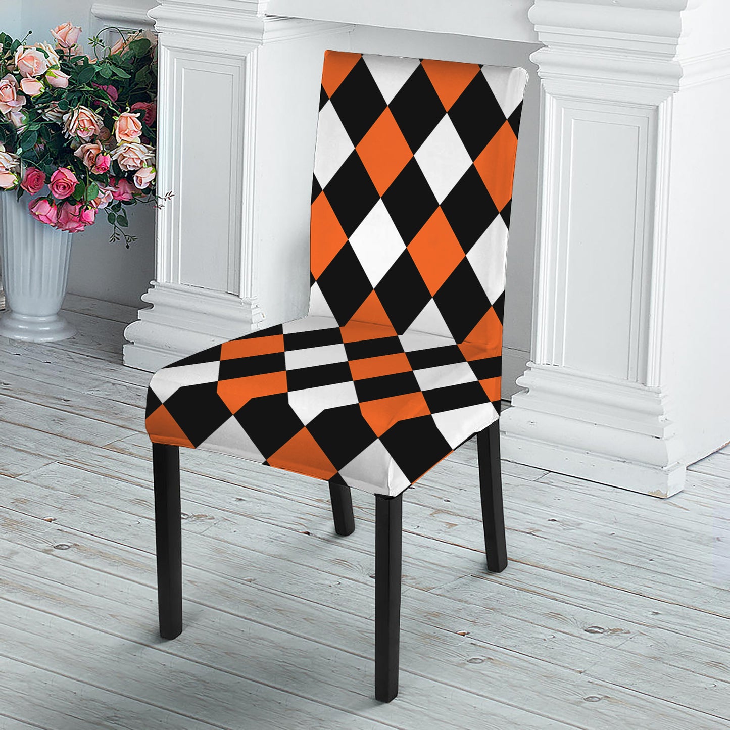 Orange Black And White Harlequin Print Dining Chair Slipcover