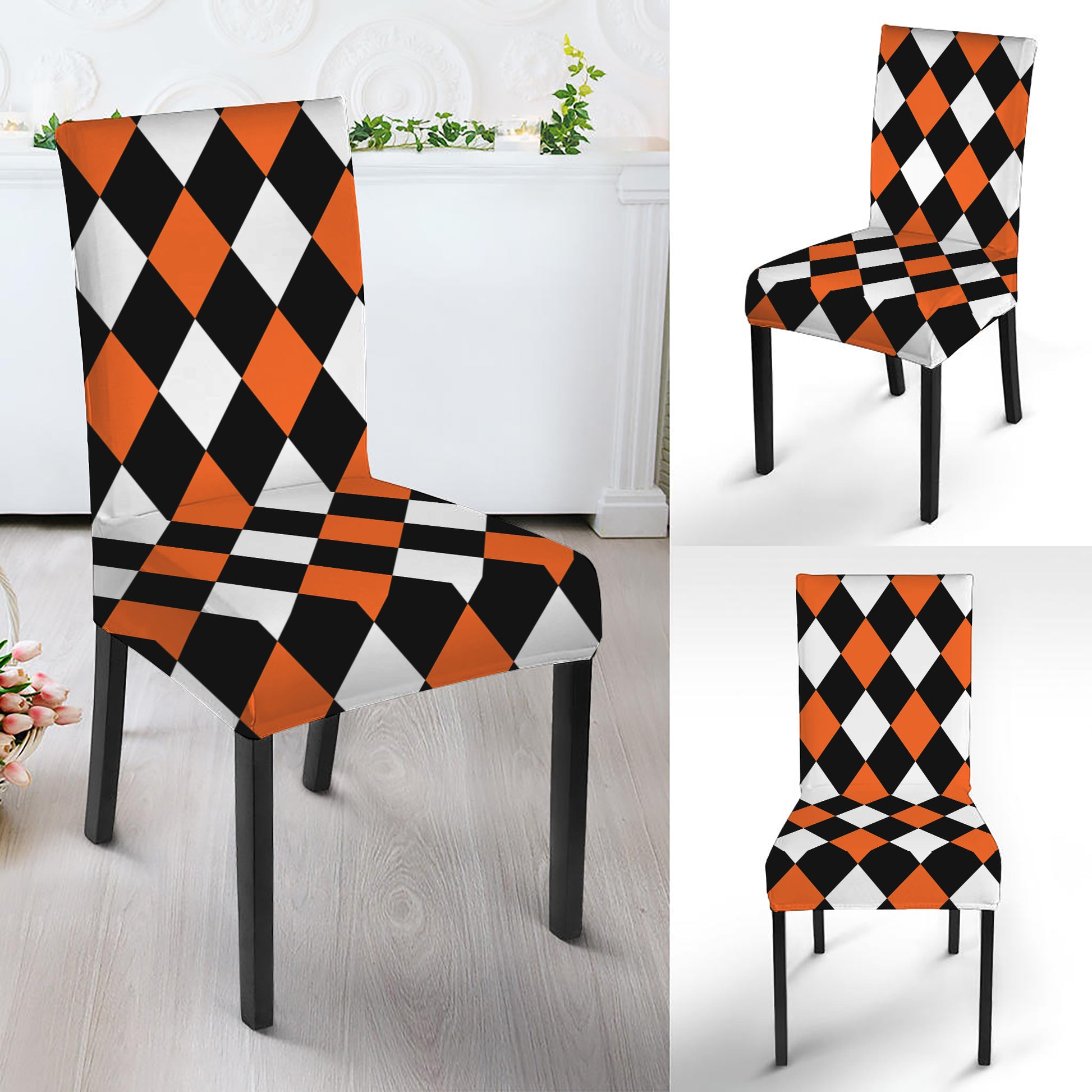 Orange Black And White Harlequin Print Dining Chair Slipcover