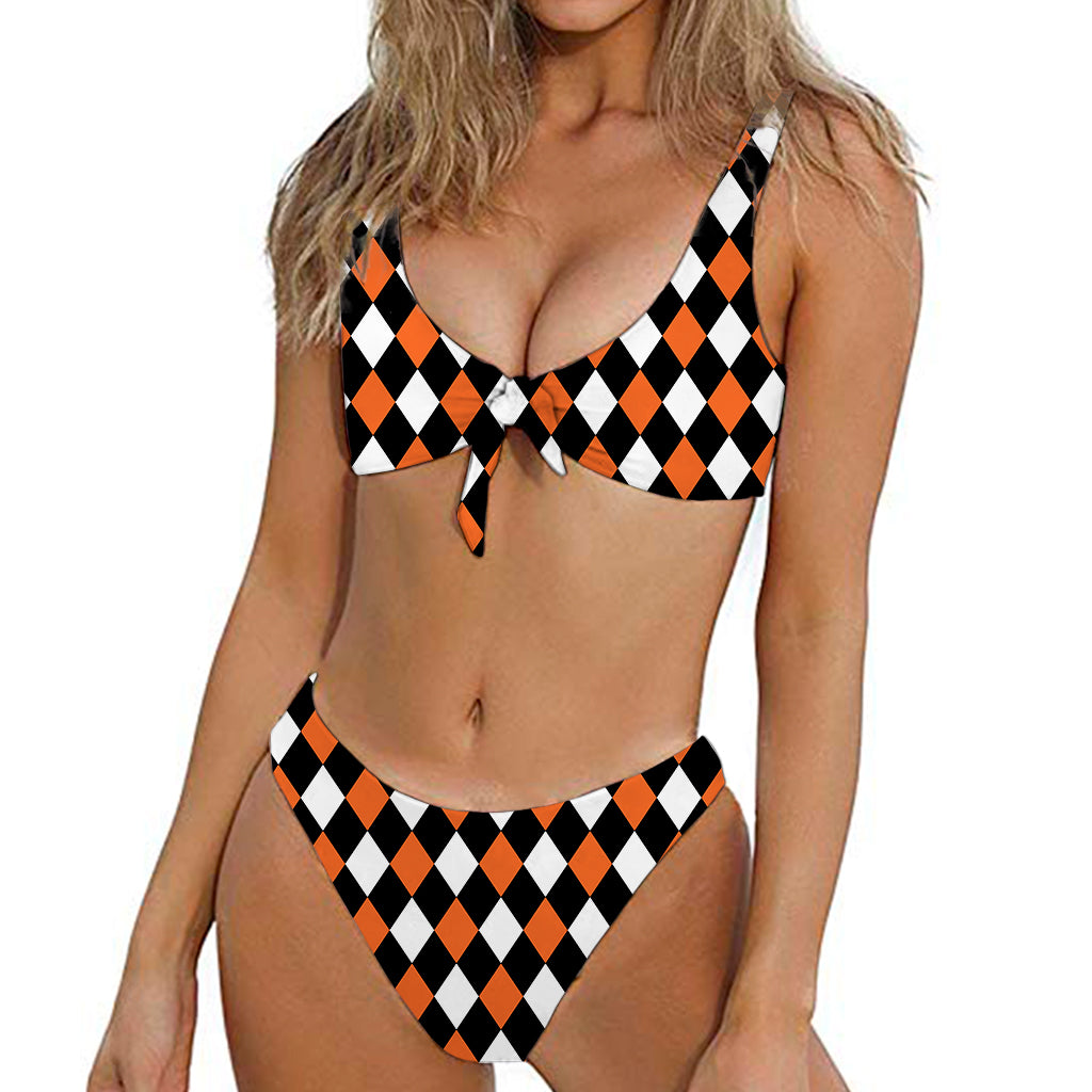 Orange Black And White Harlequin Print Front Bow Tie Bikini