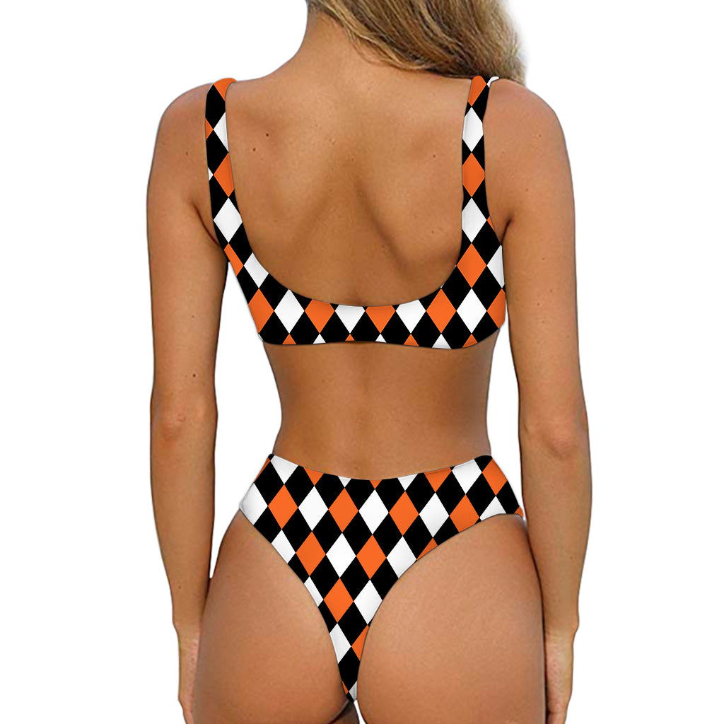 Orange Black And White Harlequin Print Front Bow Tie Bikini