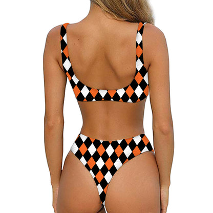 Orange Black And White Harlequin Print Front Bow Tie Bikini