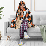 Orange Black And White Harlequin Print Hooded Blanket