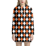 Orange Black And White Harlequin Print Hoodie Dress