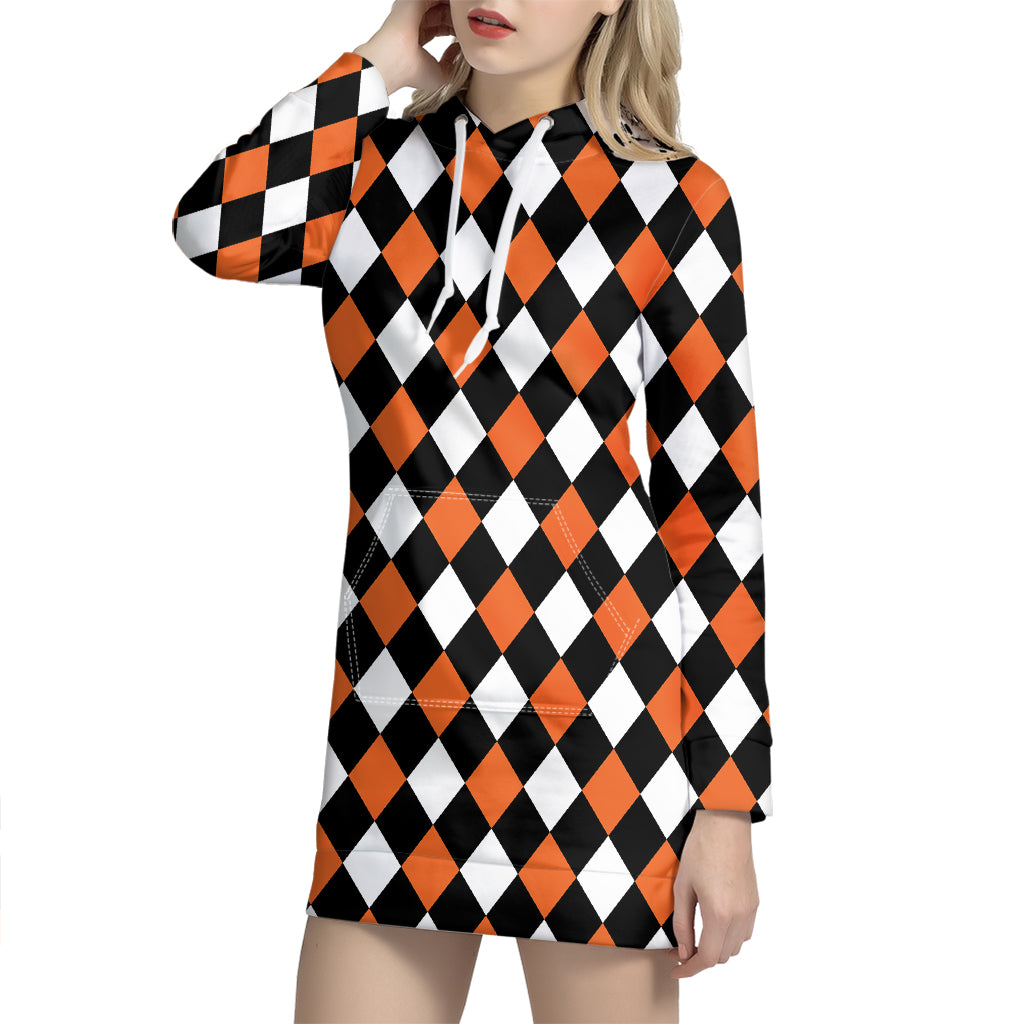 Orange Black And White Harlequin Print Hoodie Dress