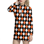 Orange Black And White Harlequin Print Hoodie Dress