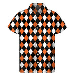 Orange Black And White Harlequin Print Men's Short Sleeve Shirt