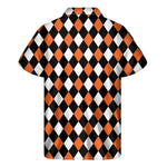 Orange Black And White Harlequin Print Men's Short Sleeve Shirt