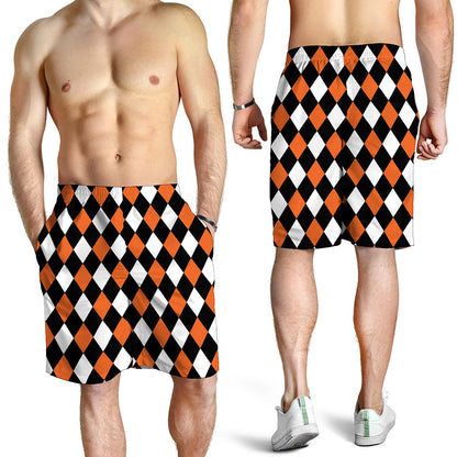 Orange Black And White Harlequin Print Men's Shorts