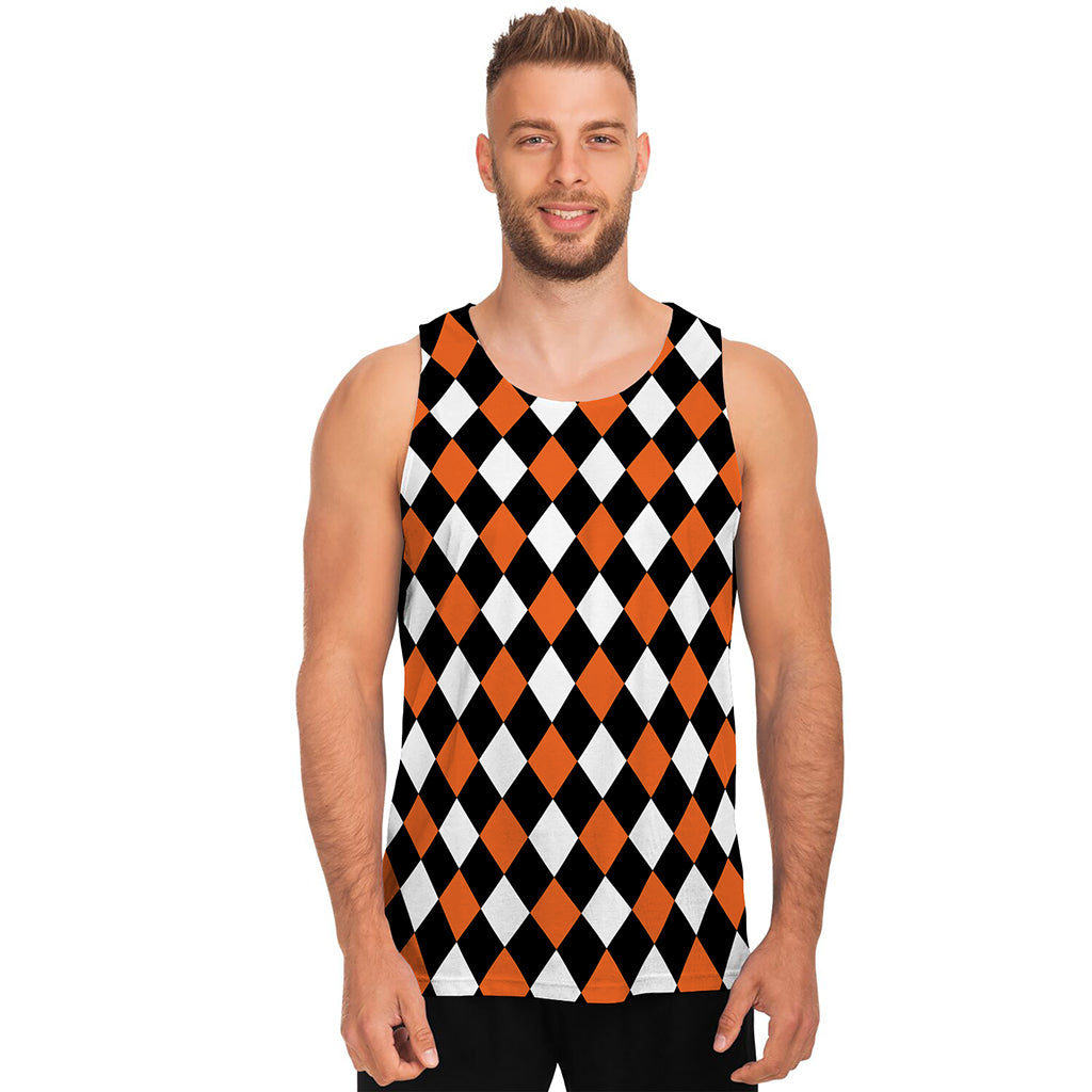 Orange Black And White Harlequin Print Men's Tank Top