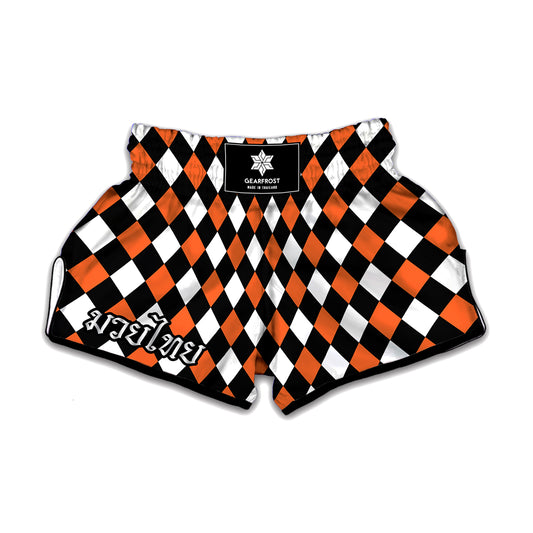 Orange Black And White Harlequin Print Muay Thai Boxing Shorts