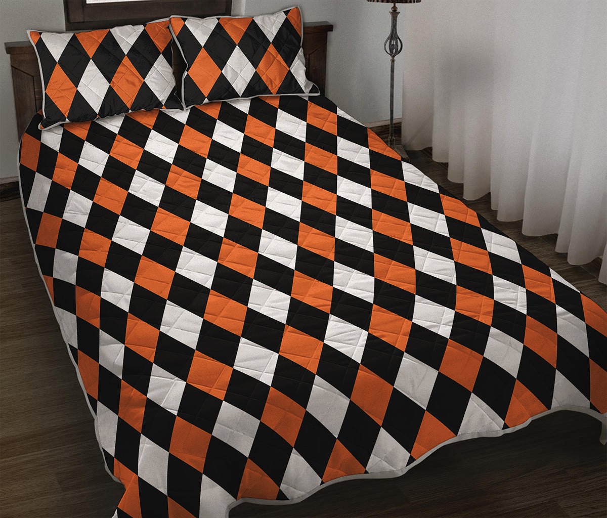 Orange Black And White Harlequin Print Quilt Bed Set