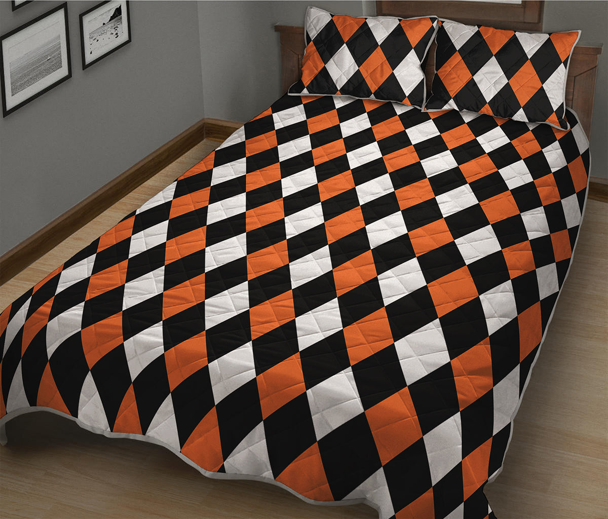 Orange Black And White Harlequin Print Quilt Bed Set