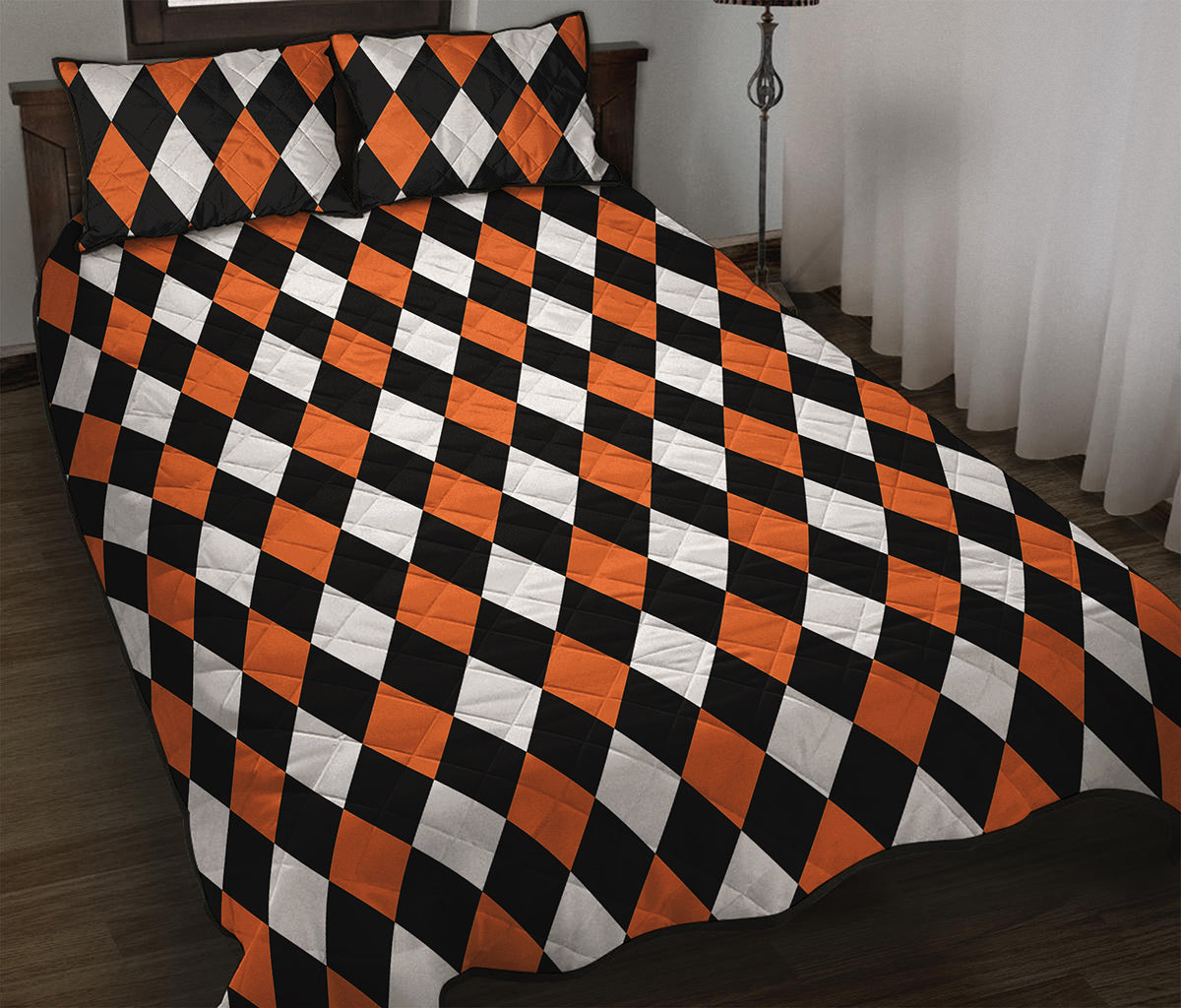 Orange Black And White Harlequin Print Quilt Bed Set