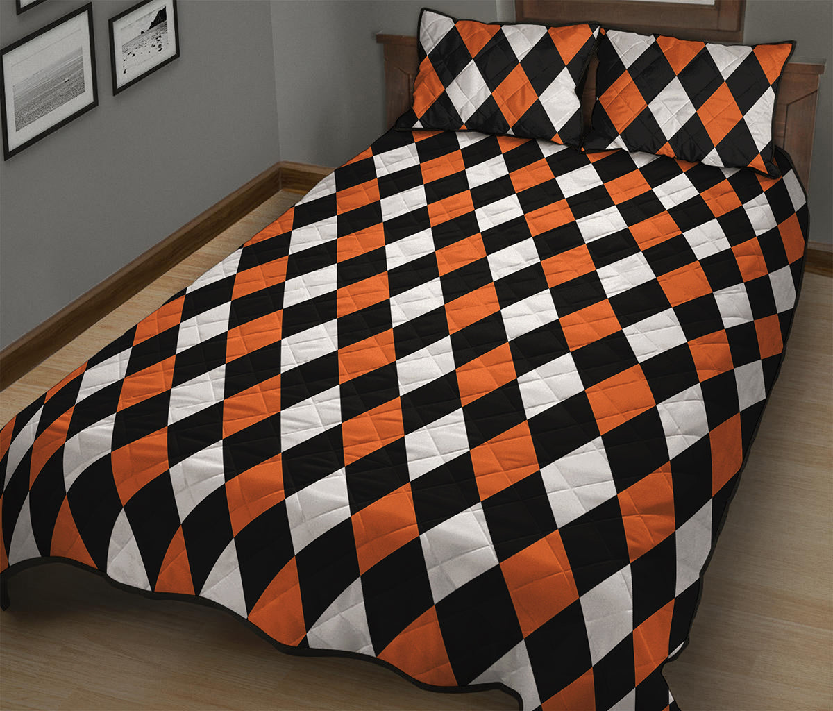 Orange Black And White Harlequin Print Quilt Bed Set