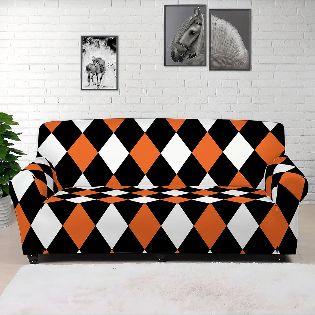 Orange Black And White Harlequin Print Sofa Cover