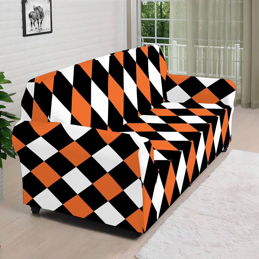 Orange Black And White Harlequin Print Sofa Cover