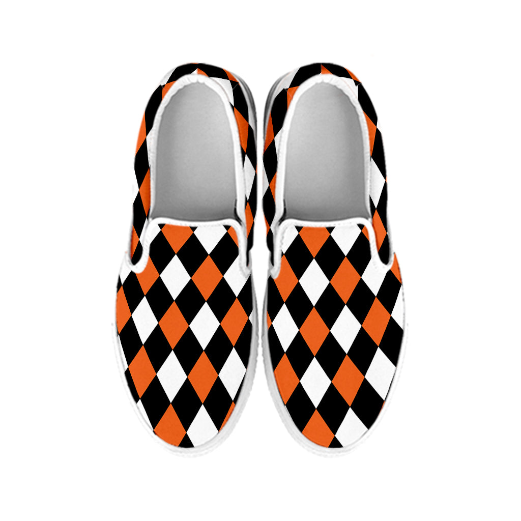 Orange Black And White Harlequin Print White Slip On Shoes