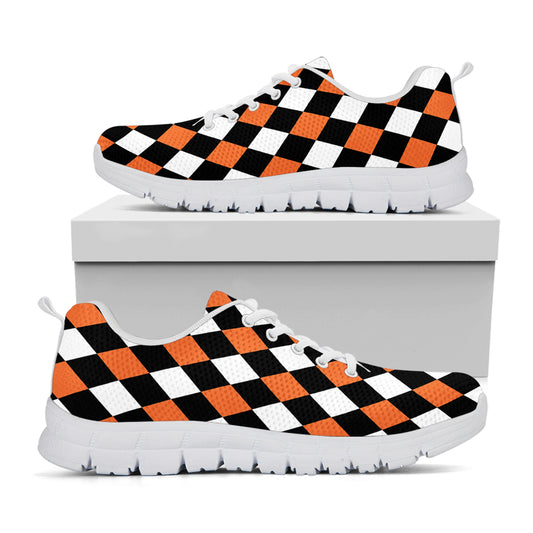 Orange Black And White Harlequin Print White Sneakers