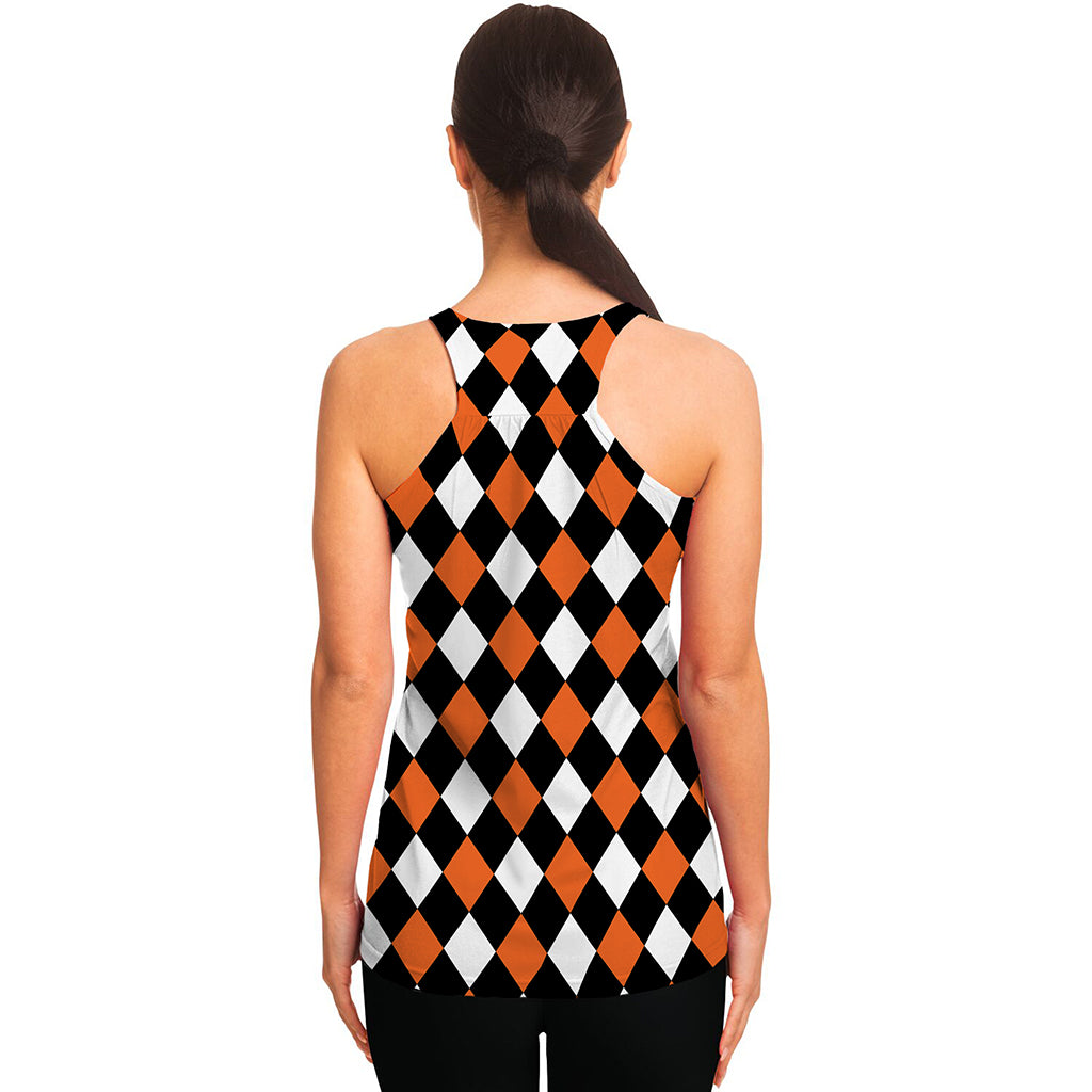 Orange Black And White Harlequin Print Women's Racerback Tank Top