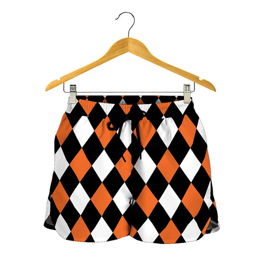 Orange Black And White Harlequin Print Women's Shorts