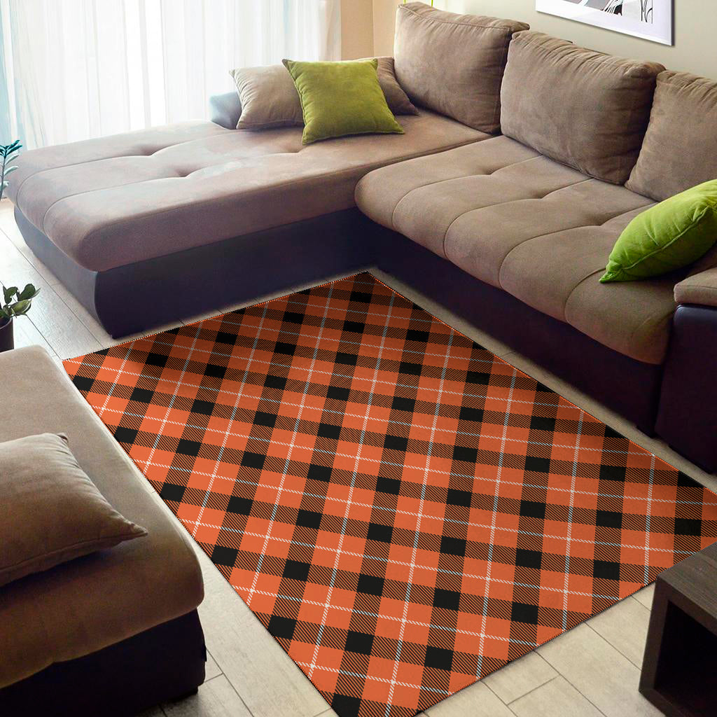 Orange Black And White Plaid Print Area Rug