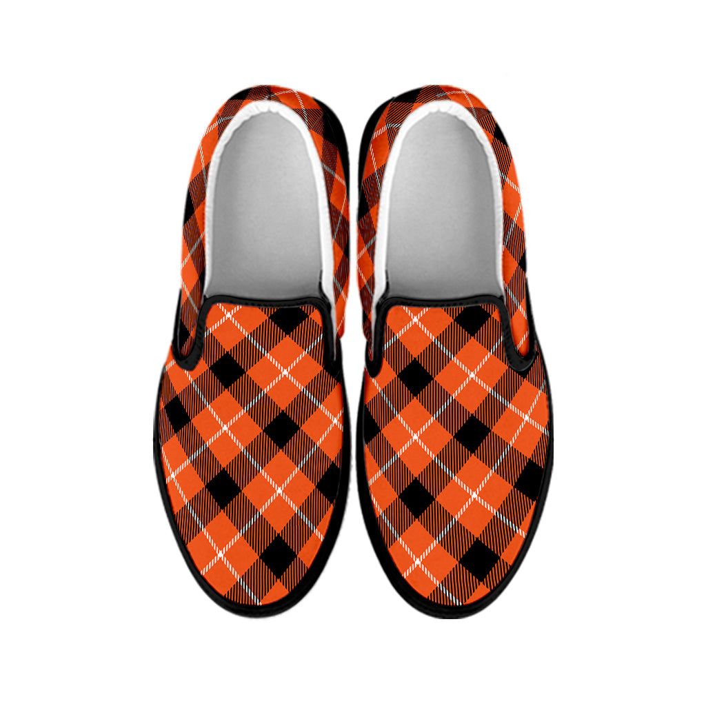 Orange Black And White Plaid Print Black Slip On Shoes