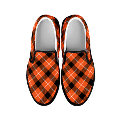 Orange Black And White Plaid Print Black Slip On Shoes