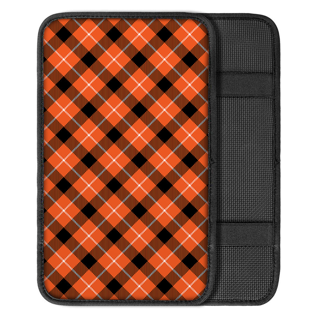 Orange Black And White Plaid Print Car Center Console Cover