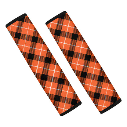 Orange Black And White Plaid Print Car Seat Belt Covers
