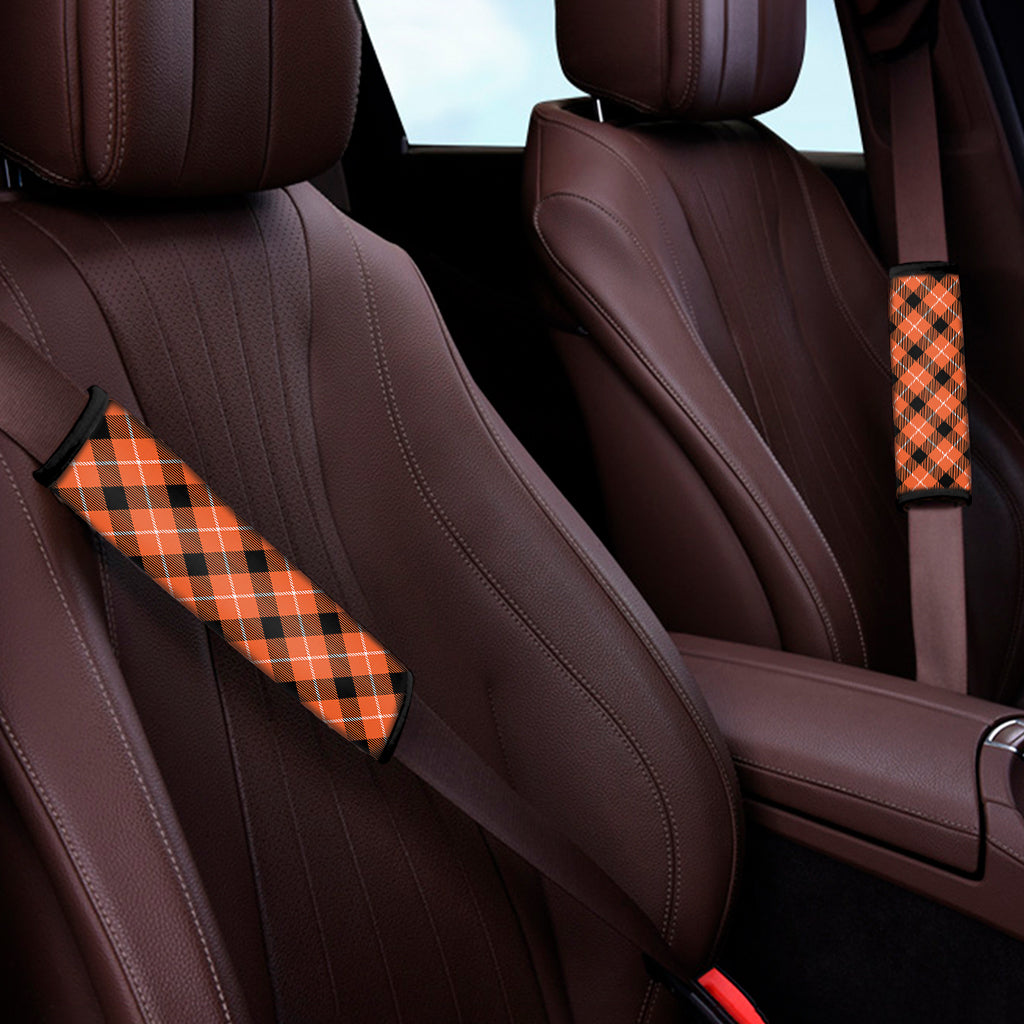 Orange Black And White Plaid Print Car Seat Belt Covers