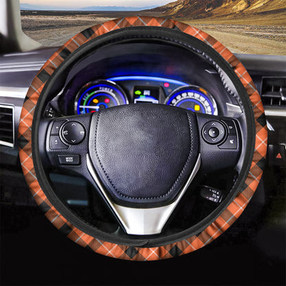 Orange Black And White Plaid Print Car Steering Wheel Cover