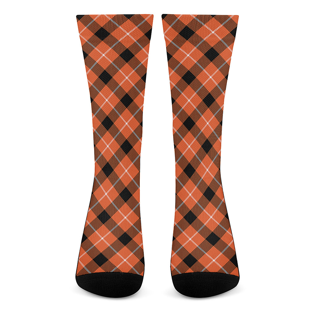 Orange Black And White Plaid Print Crew Socks