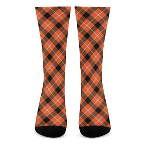 Orange Black And White Plaid Print Crew Socks