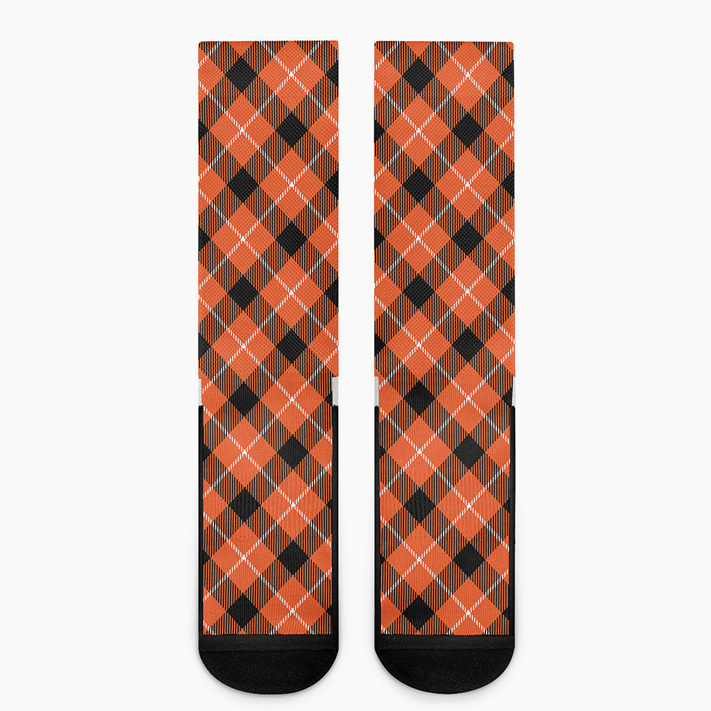 Orange Black And White Plaid Print Crew Socks