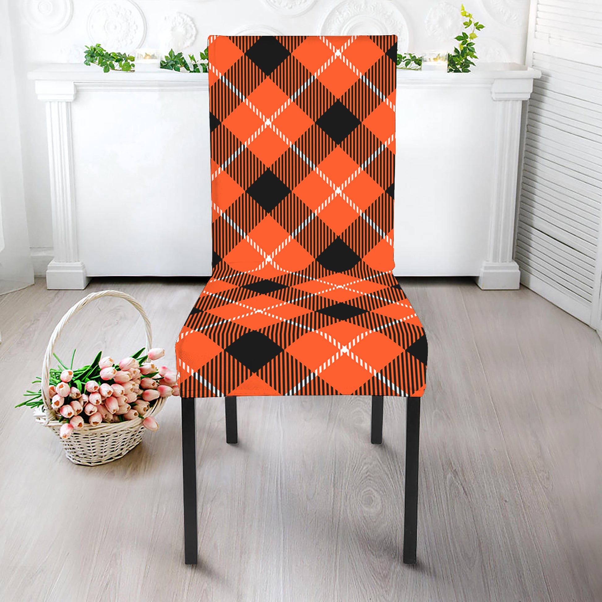 Orange Black And White Plaid Print Dining Chair Slipcover