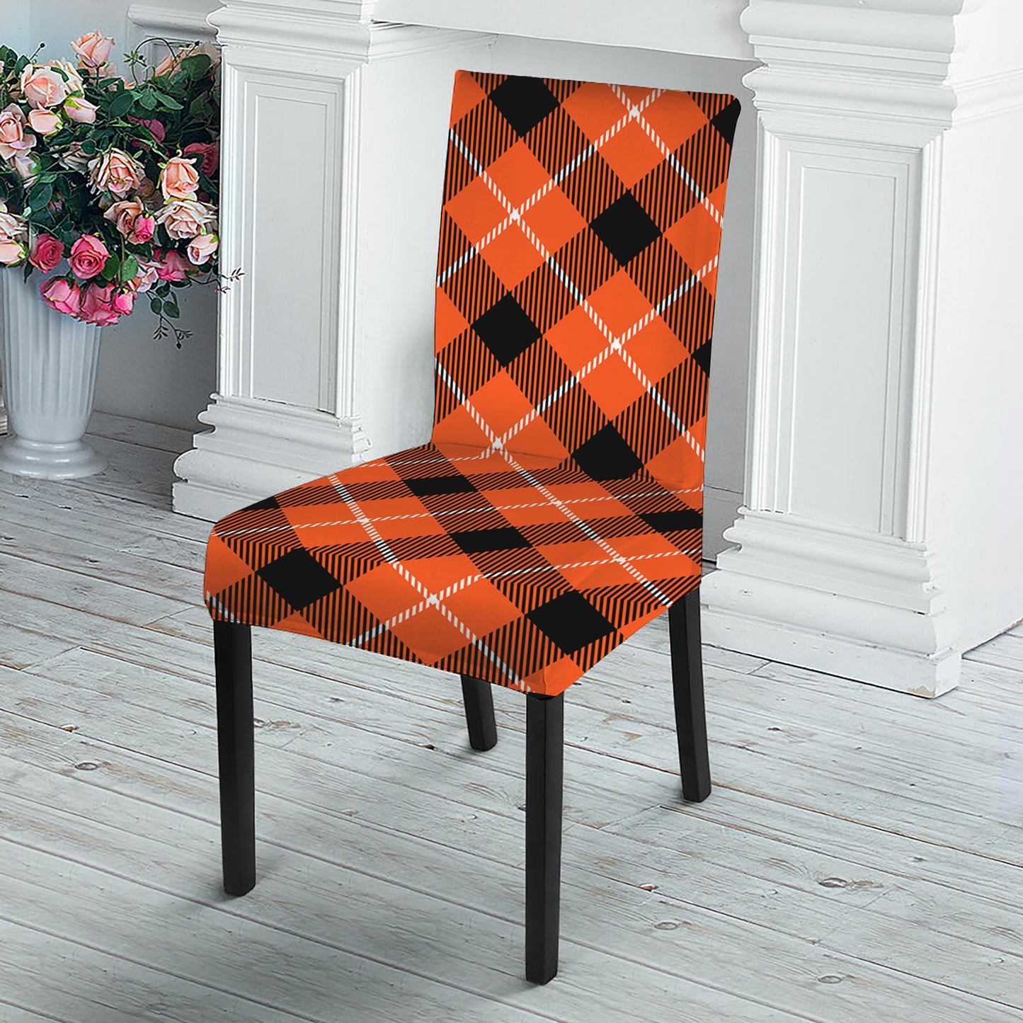 Orange Black And White Plaid Print Dining Chair Slipcover
