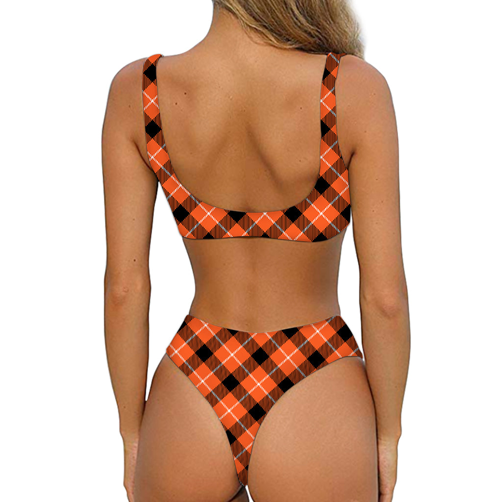 Orange Black And White Plaid Print Front Bow Tie Bikini