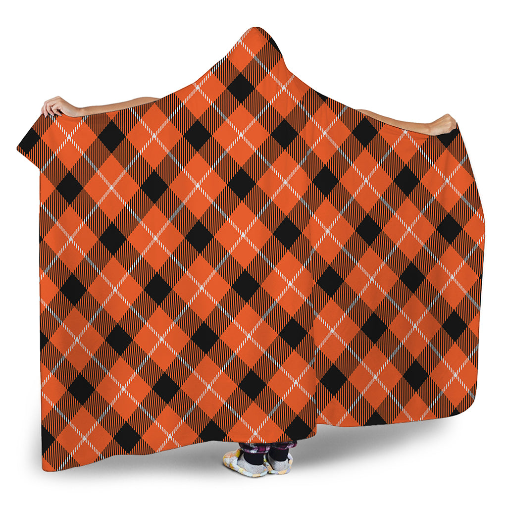 Orange Black And White Plaid Print Hooded Blanket