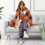 Orange Black And White Plaid Print Hooded Blanket