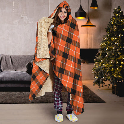 Orange Black And White Plaid Print Hooded Blanket