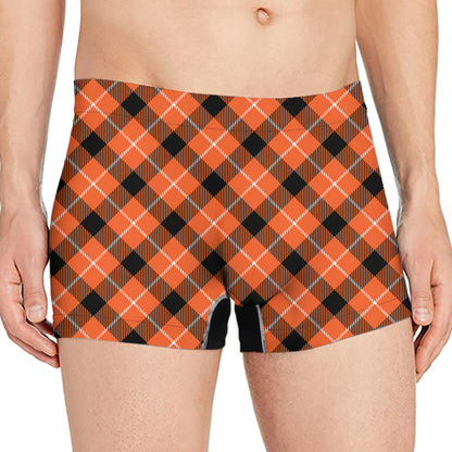 Orange Black And White Plaid Print Men's Boxer Briefs