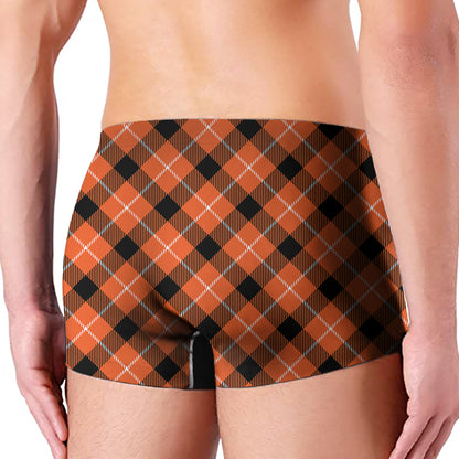 Orange Black And White Plaid Print Men's Boxer Briefs