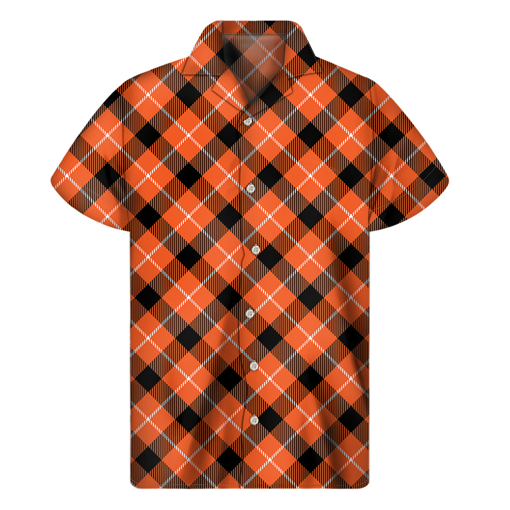 Orange Black And White Plaid Print Men's Short Sleeve Shirt