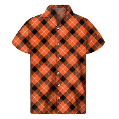 Orange Black And White Plaid Print Men's Short Sleeve Shirt