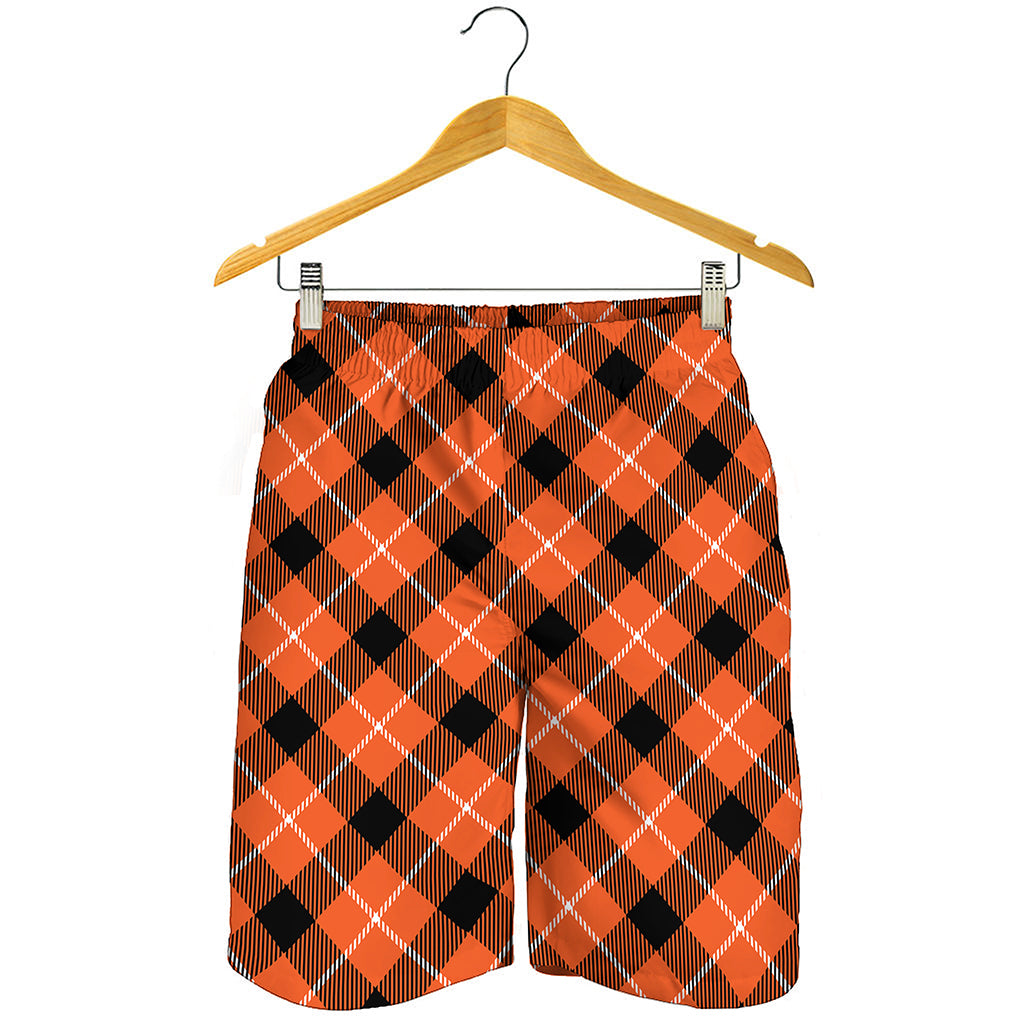 Orange Black And White Plaid Print Men's Shorts