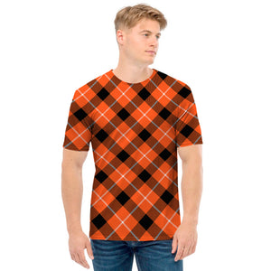 Orange Black And White Plaid Print Men's T-Shirt