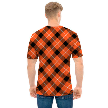 Orange Black And White Plaid Print Men's T-Shirt