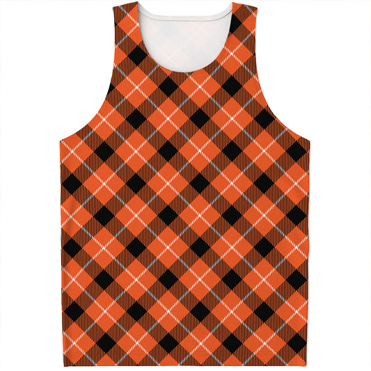 Orange Black And White Plaid Print Men's Tank Top