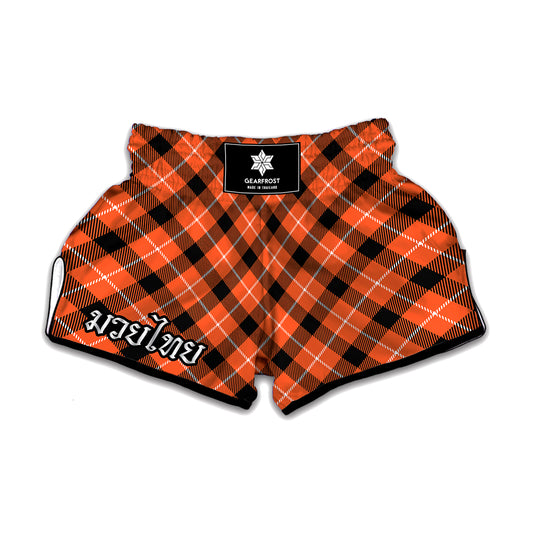 Orange Black And White Plaid Print Muay Thai Boxing Shorts
