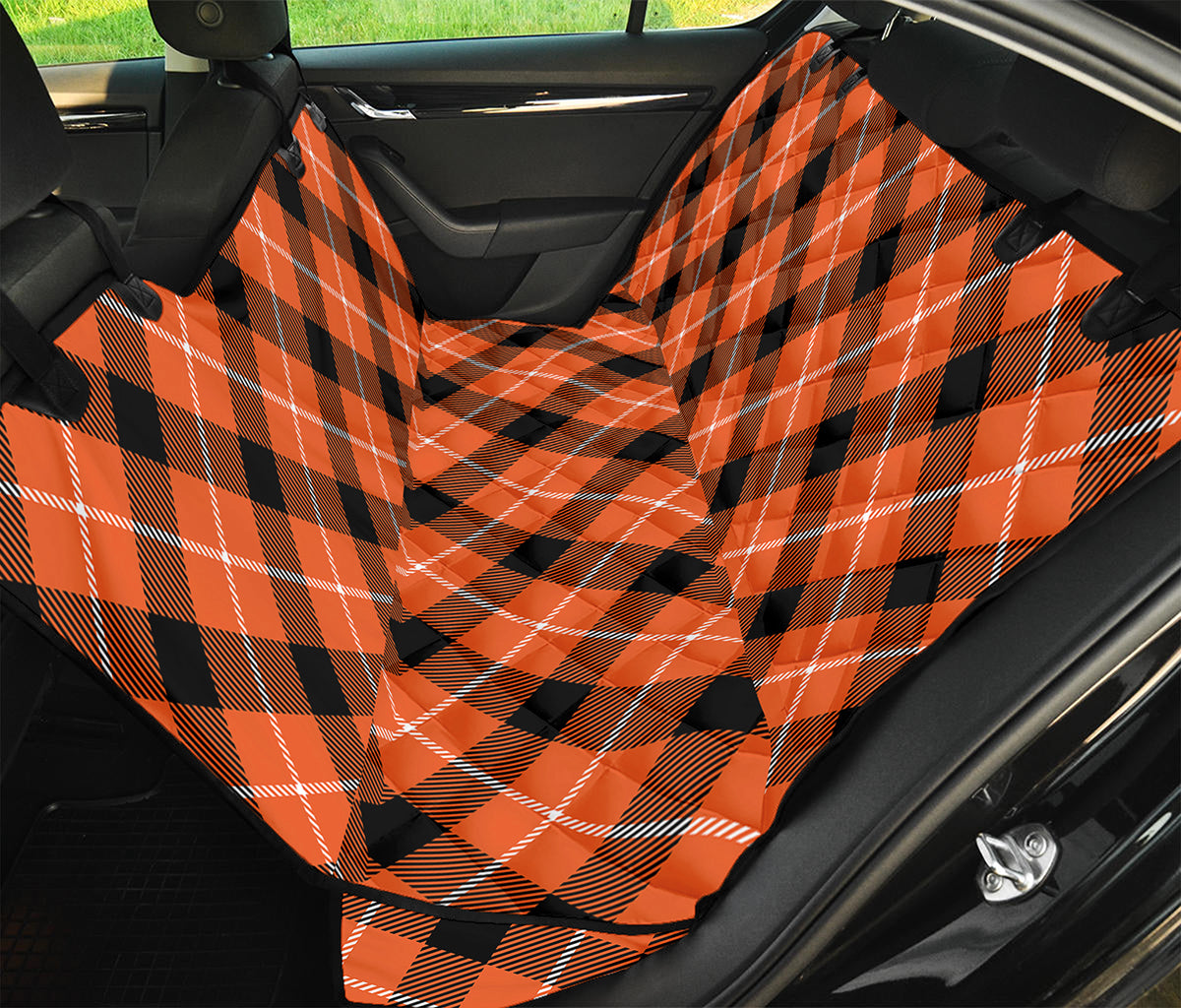 Orange Black And White Plaid Print Pet Car Back Seat Cover